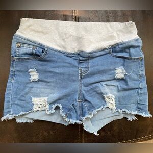 Maternity - distressed blue Jean shorts with support band